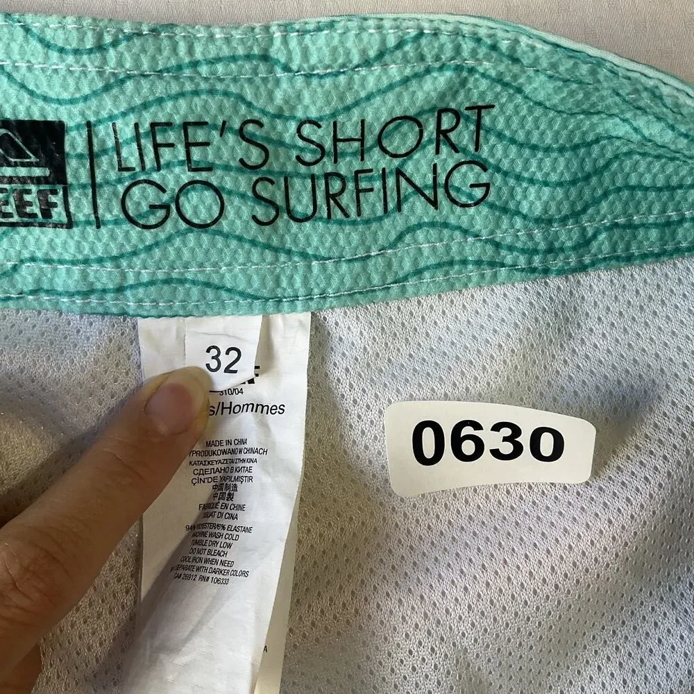 Reef Men Swimwear 32 Turquoise Board Shorts Striped Surf Shorts Logo Lined 10”